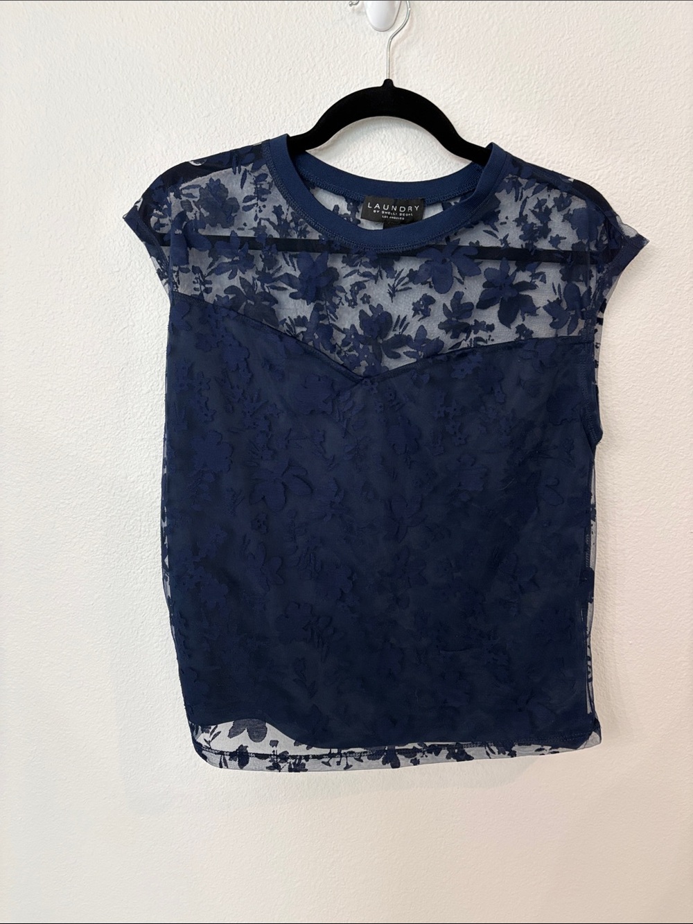 Laundry by Shelli Segal Navy Floral Lace Cap-Sleeve Blouse